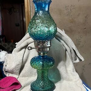 Vintage Blue-Green Hobnail Glass Oil Lamp